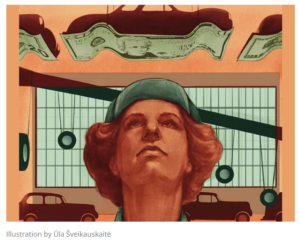 drawing of woman in front of assembly line